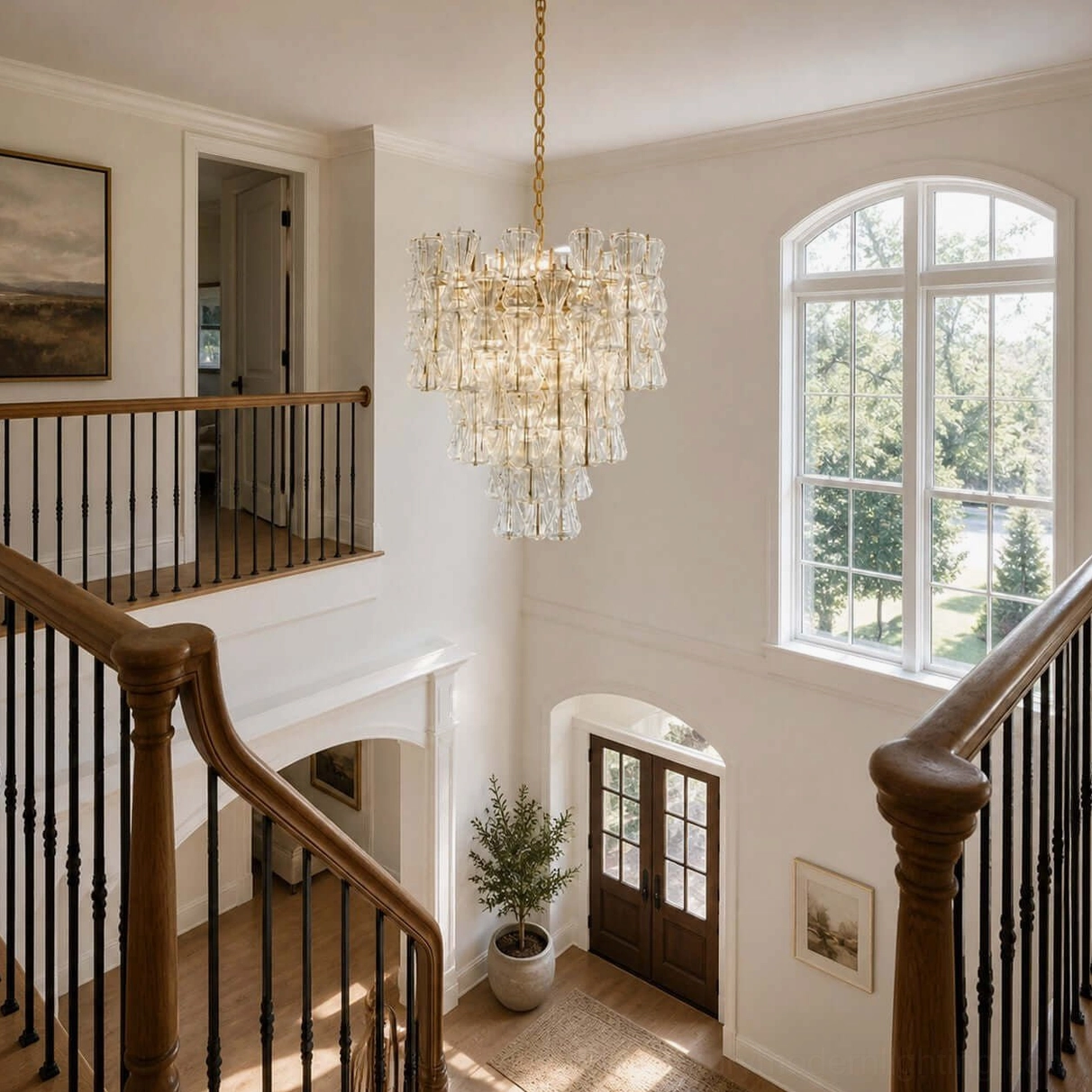 Garrick Hourglass Chandelier with clear glass prisms illuminating double-height entryway with wooden staircase