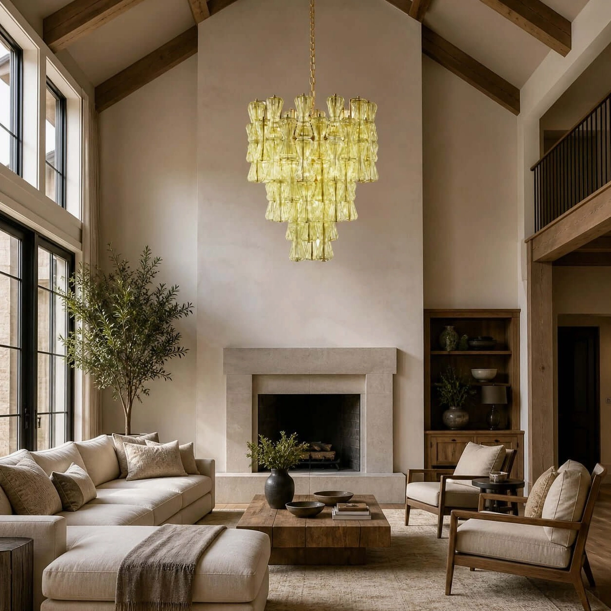 Green-tinted Garrick Hourglass Chandelier in vaulted living room with fireplace and warm lighting