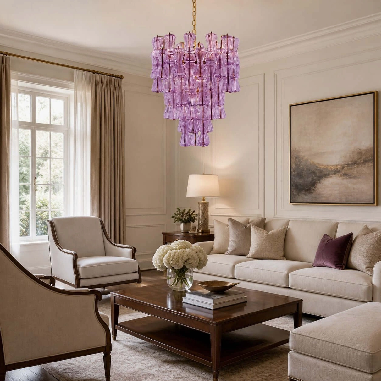 Purple glass Garrick Hourglass Chandelier in cozy American style living room with traditional furnishings