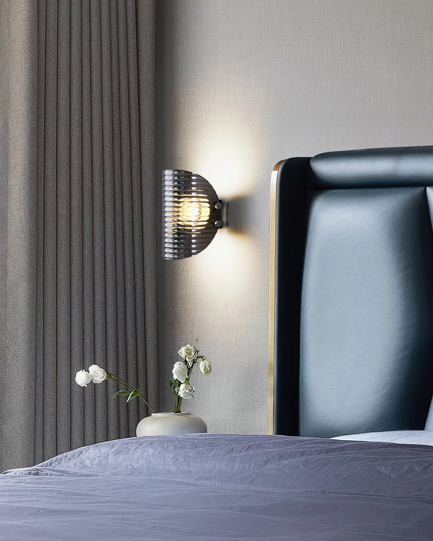 Gatsby wall sconce product showcase with minimalist styling, featuring smoked glass shade and chrome metal frame