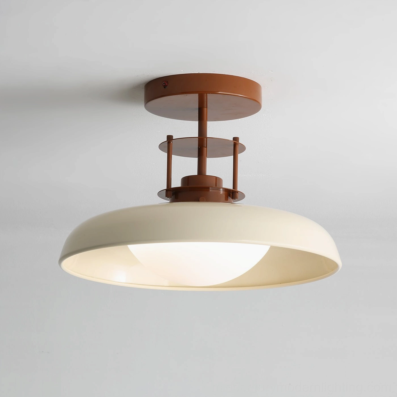 Gavin beige and brown mid-century ceiling light fully illuminated with even warm studio lighting