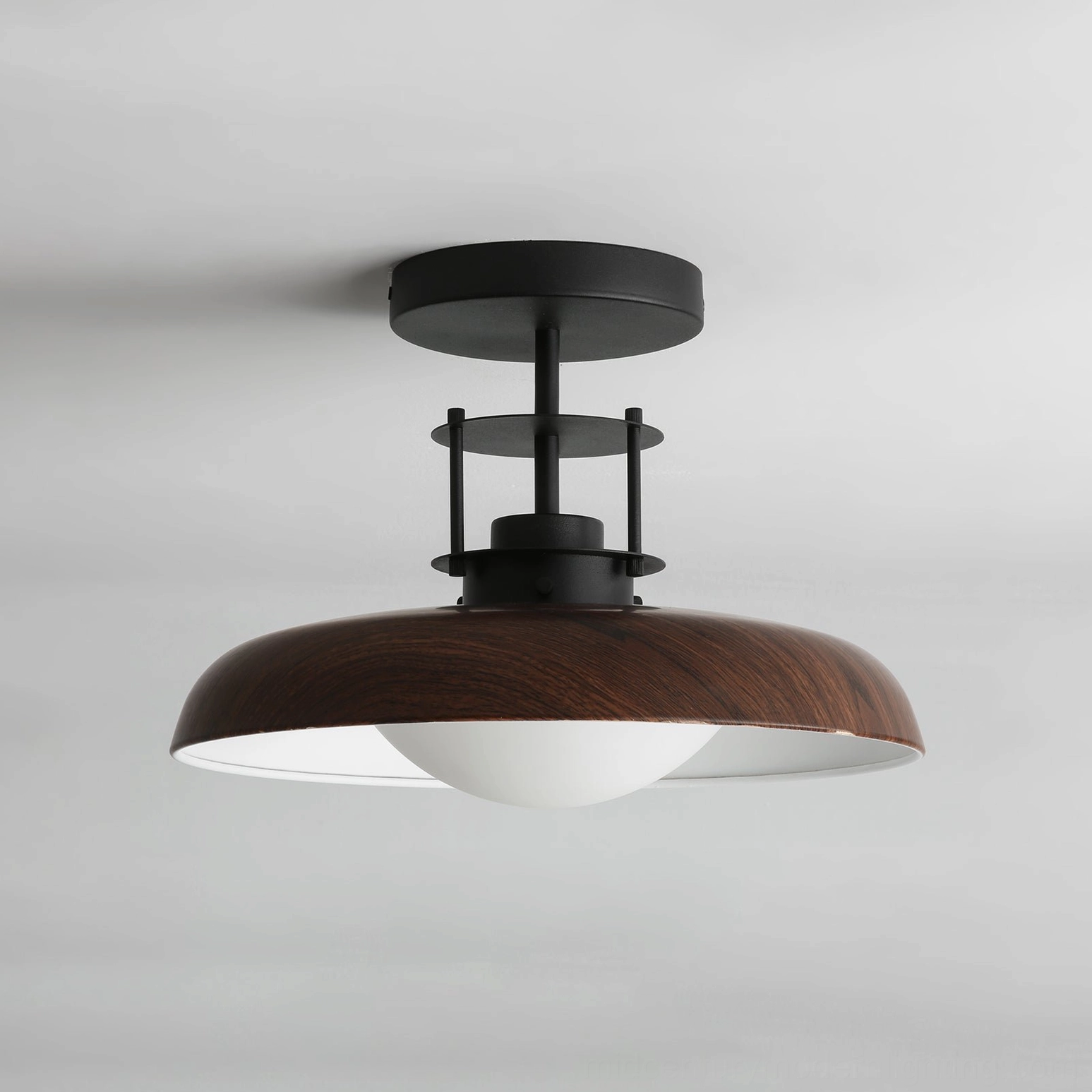 Gavin modern ceiling light with black metal frame and walnut wood-grain shade, frosted glass details
