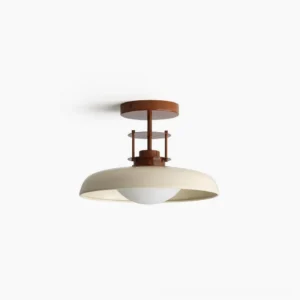 Gavin mid-century modern ceiling light with cream dome and rust-brown metal frame, front studio view