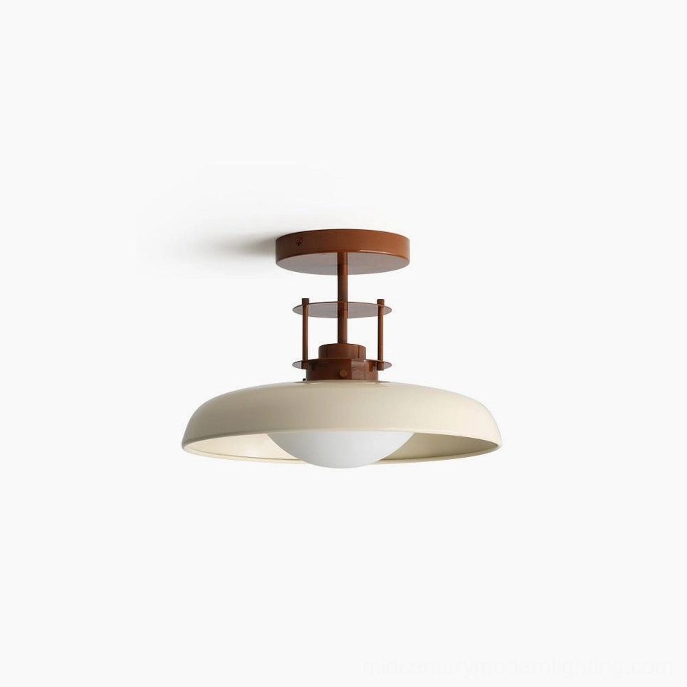 Gavin mid-century modern ceiling light with cream dome and rust-brown metal frame, front studio view