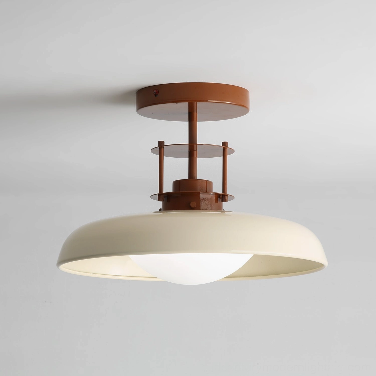 Side view of Gavin warm-vintage ceiling light with cream shade and brown metal hardware
