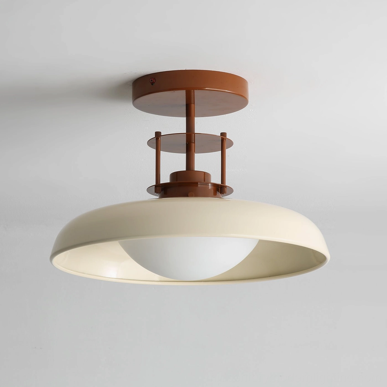 Gavin mid-century ceiling lamp with frosted glass diffuser and brown metal frame detail