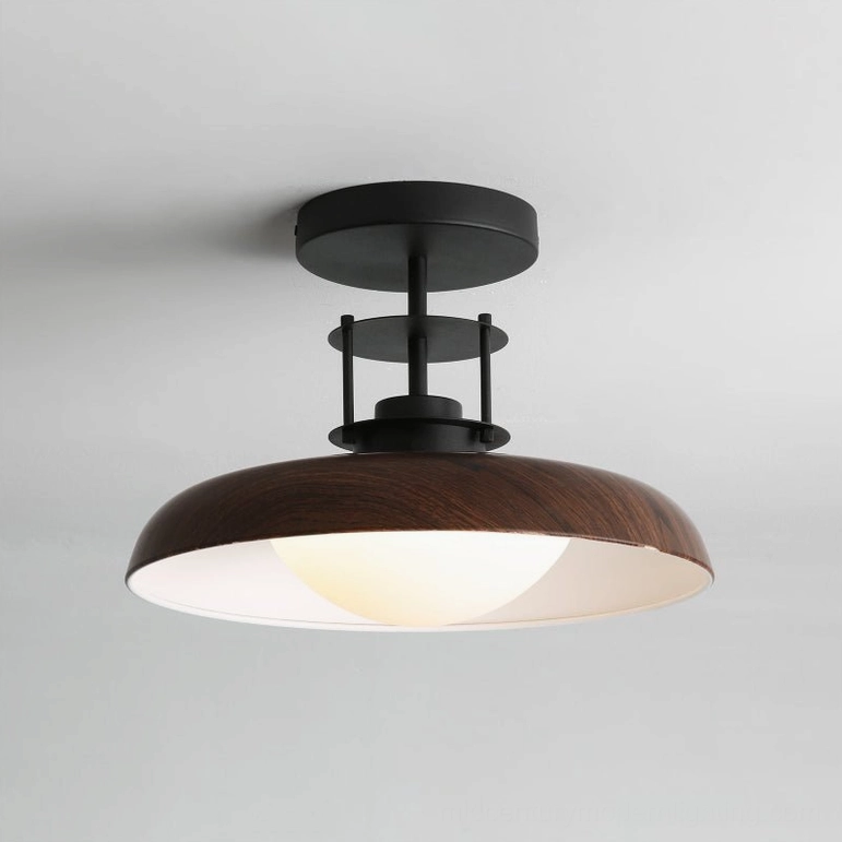 Gavin semi-flush ceiling light in walnut-black finish with dark wood-grain dome shade