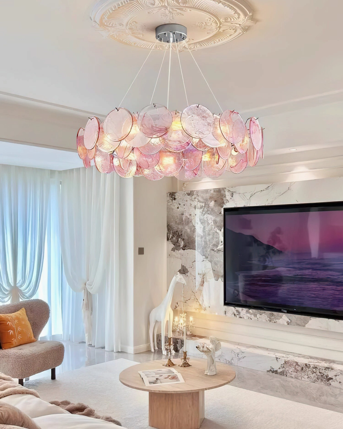 Gemma pink disc chandelier installed French living room romantic home decor lighting