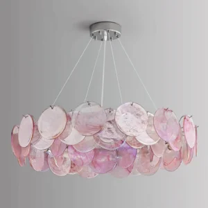 Gemma chandelier overhead view ceiling mount chrome metal frame translucent pink glass discs