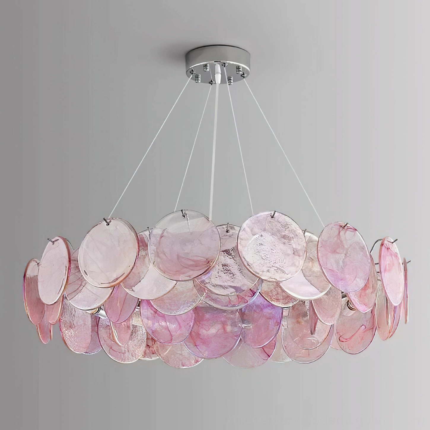 Gemma chandelier overhead view ceiling mount chrome metal frame translucent pink glass discs