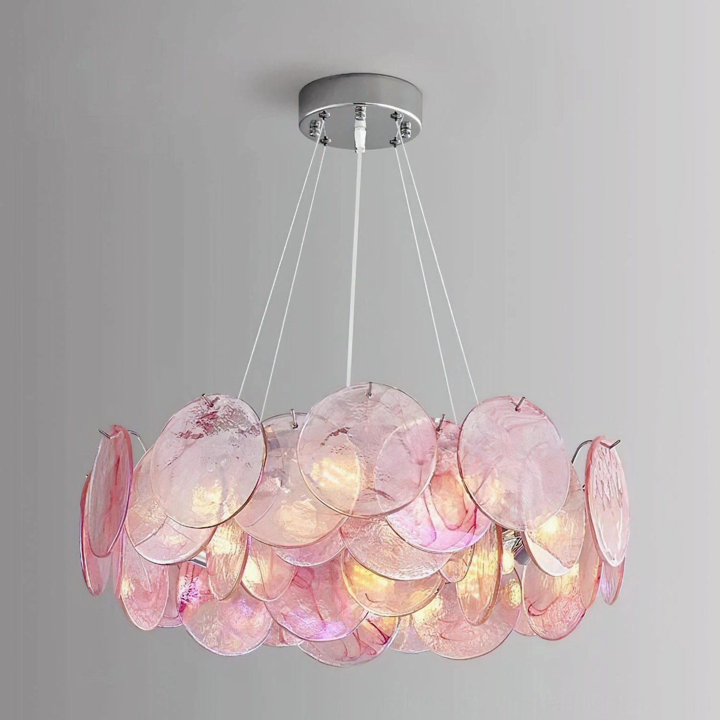 Gemma pink capiz glass disc chandelier dense pendant detail mid-century modern