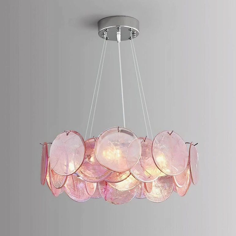 Gemma chandelier glass discs spacing architectural detail translucent blush tone