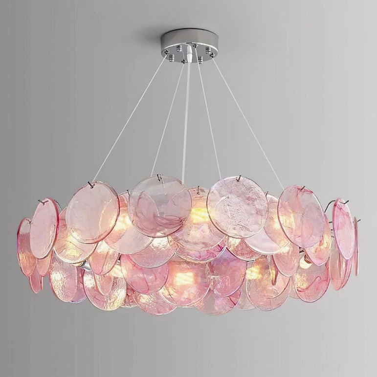 Gemma pink chandelier illuminated warm glowing light glass disc effect