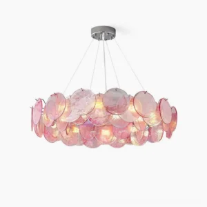 Gemma pink glass disc chandelier front view minimalist white background mid-century modern lighting
