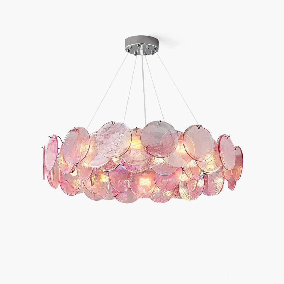 Gemma pink glass disc chandelier front view minimalist white background mid-century modern lighting