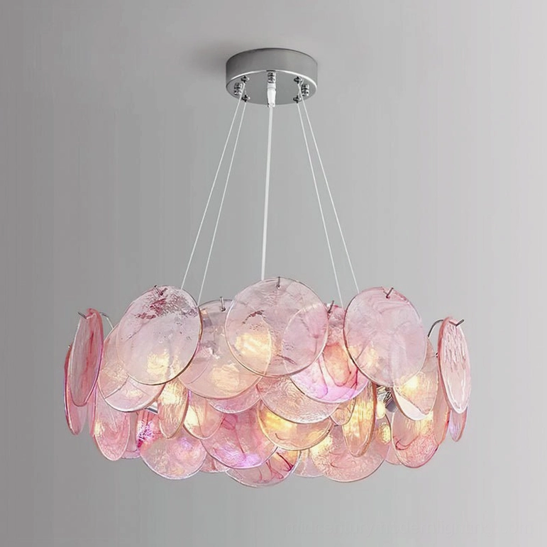 Gemma pink glass disc chandelier architectural lighting mid-century modern design