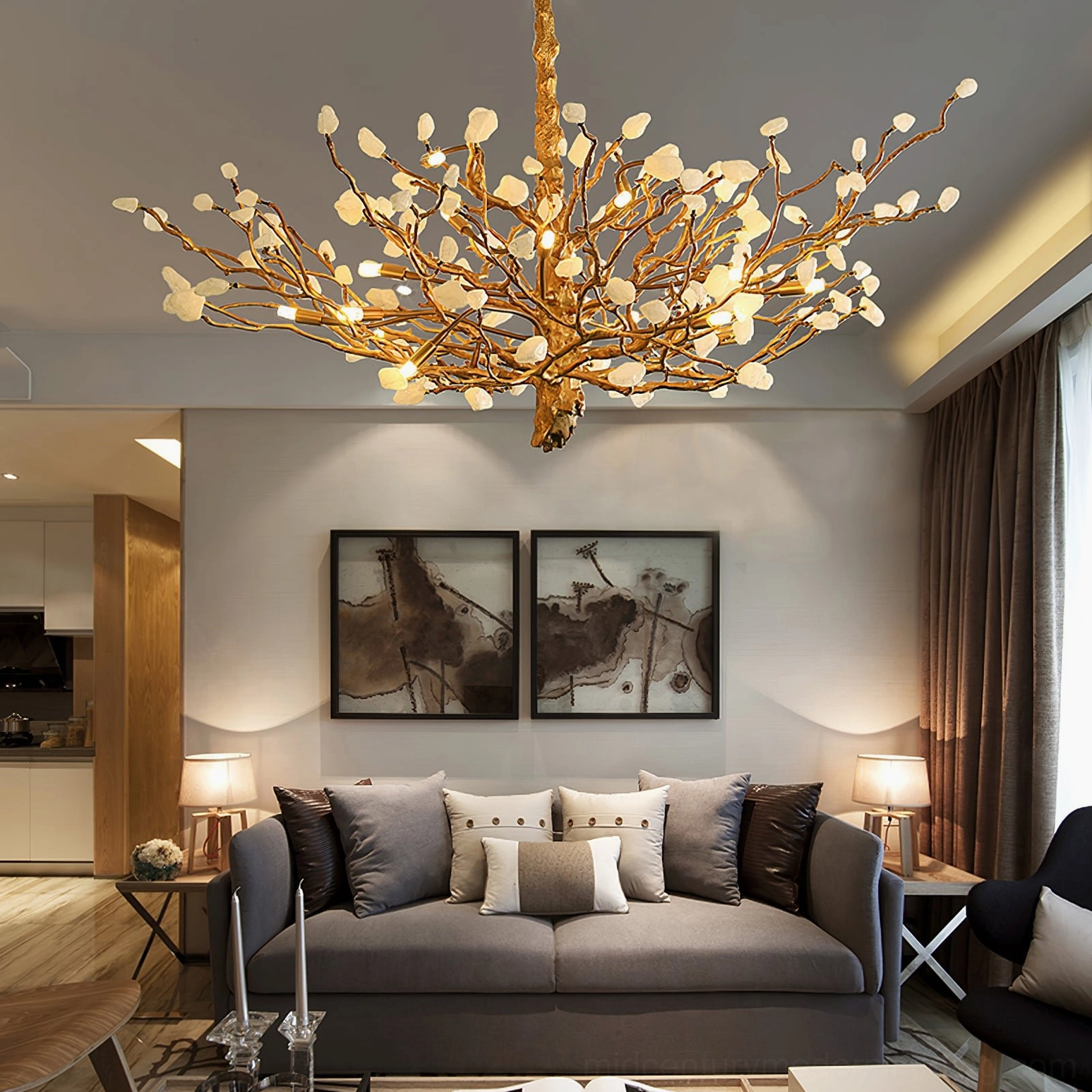 Overhead view of brass gemstone chandelier installed in modern cozy warm gold living room ambiance