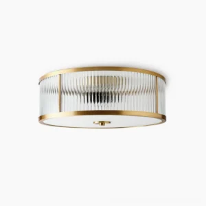 Geneva brass flush mount ceiling lamp with ribbed clear glass shade, front studio view