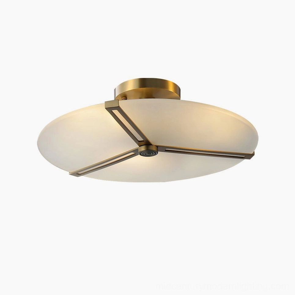 Geometric brass ceiling light fixture with pristine frosted glass in home interior