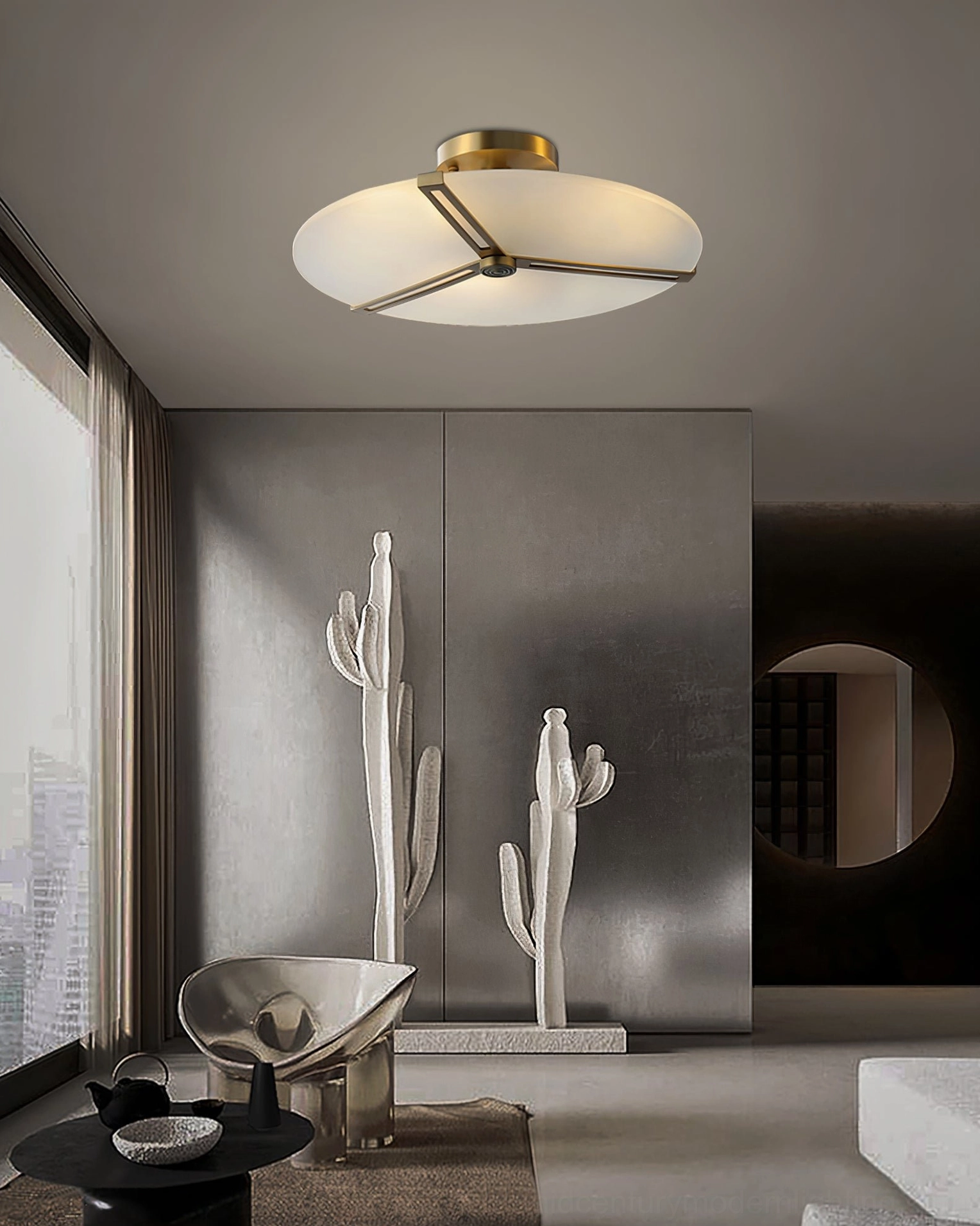 Modern geometric ceiling lamp in minimalist living room with modern art and neutral tones