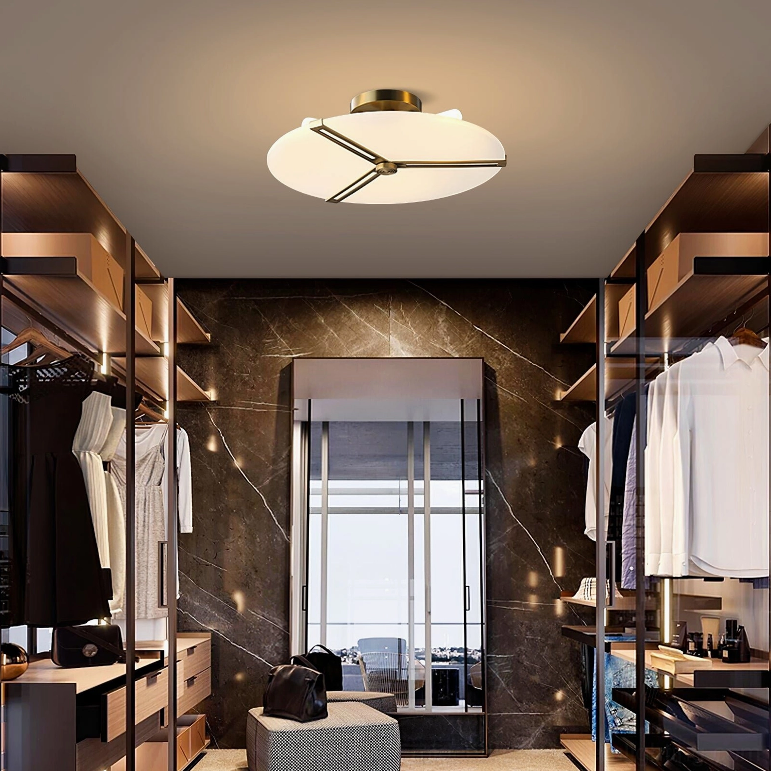 Warm light from geometric brass ceiling lamp in neutral interior space