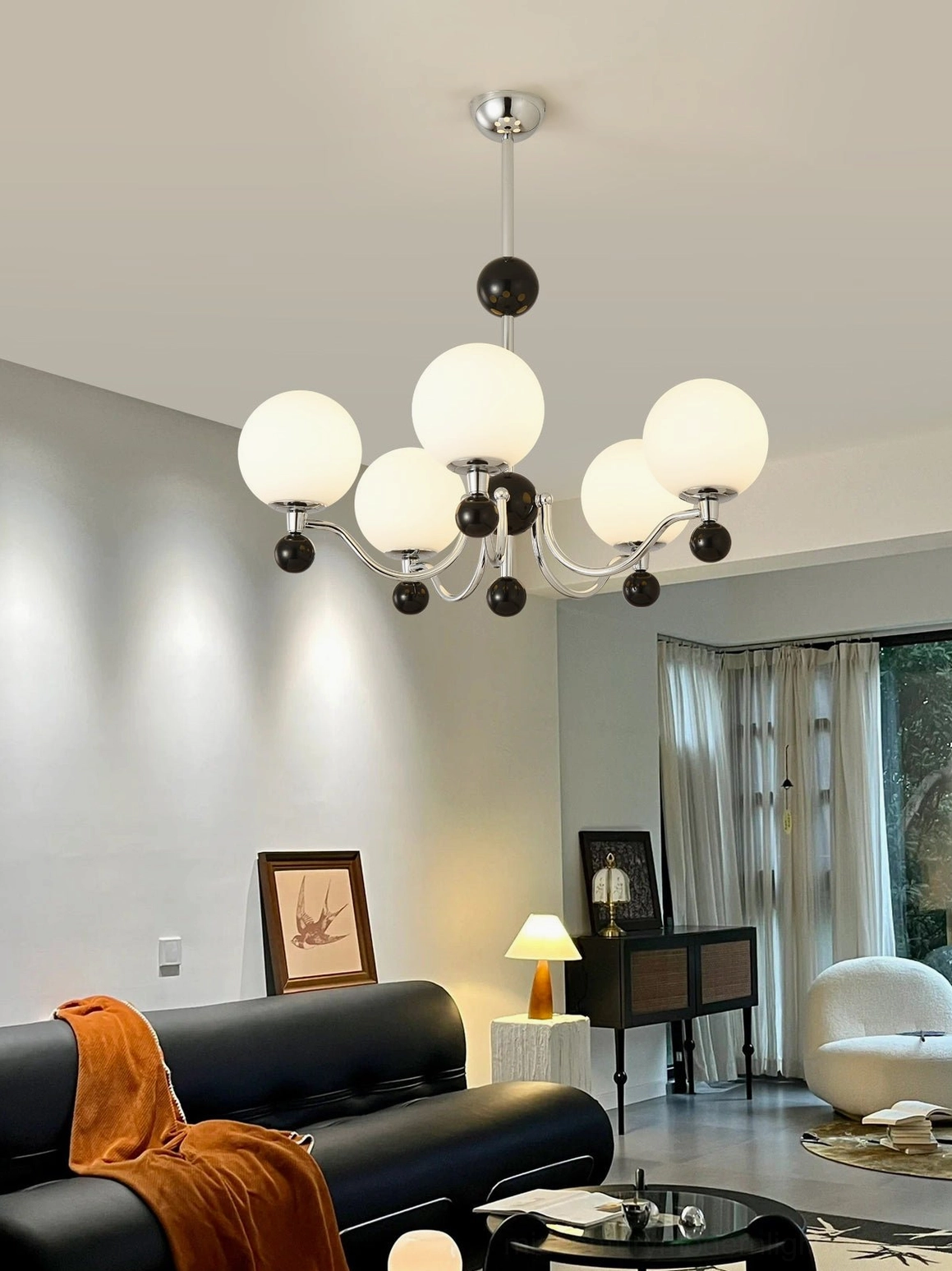 Geometric multi-head chandelier installation in contemporary home ceiling mount
