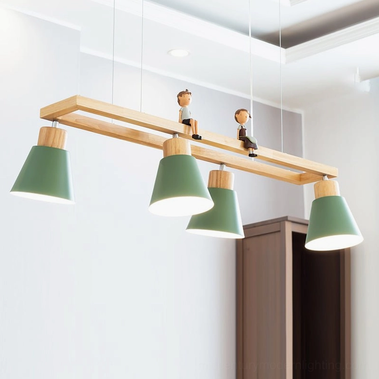 Geometric wooden cone pendant chandelier in jewel-tone green for design-forward living spaces