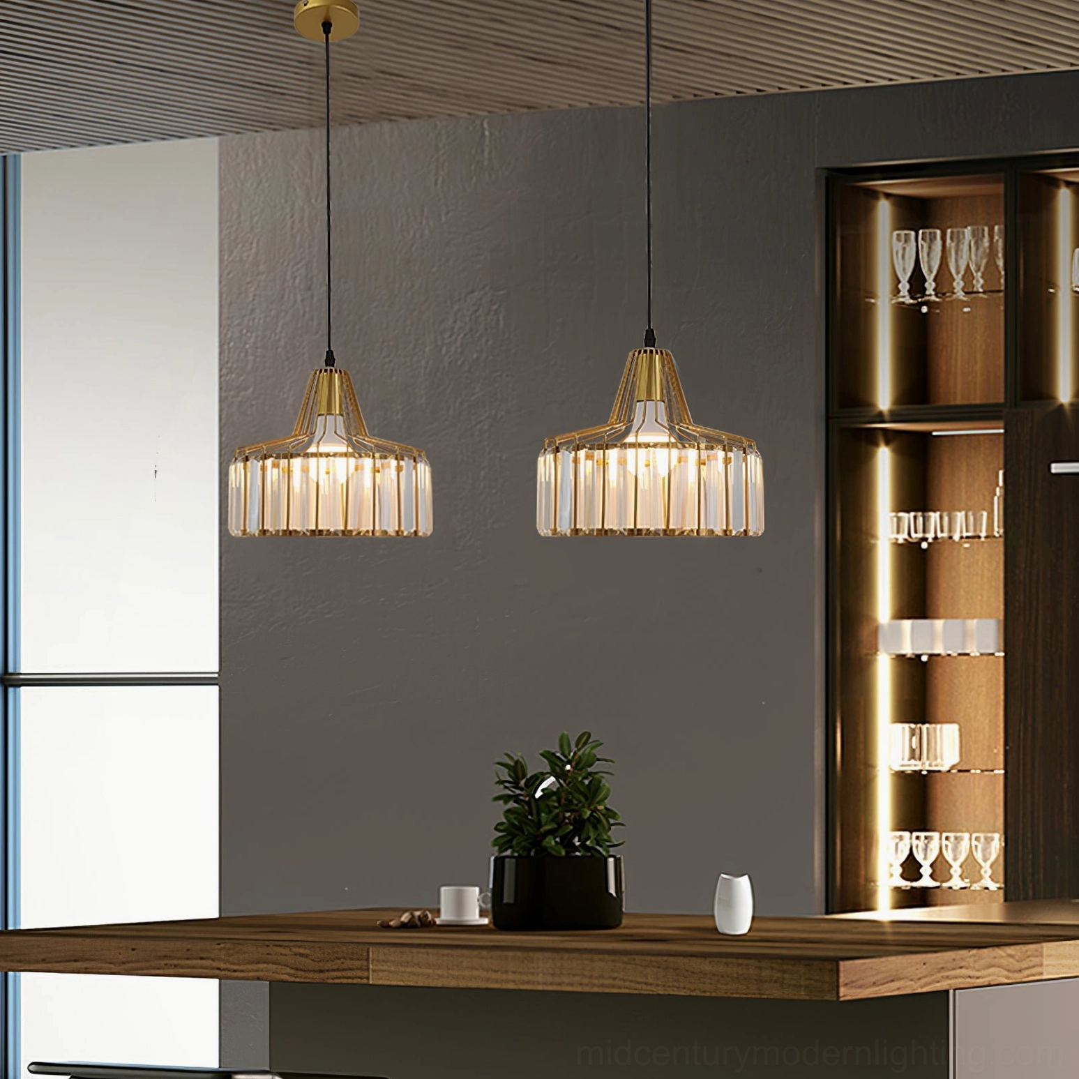 Modern pendant lamp with geometric crystal cage design and minimalist aesthetic appeal