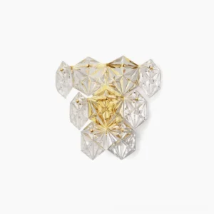 Geometric faceted crystal wall sconce with polished gold brass frame and clear glass - modern luxury lighting