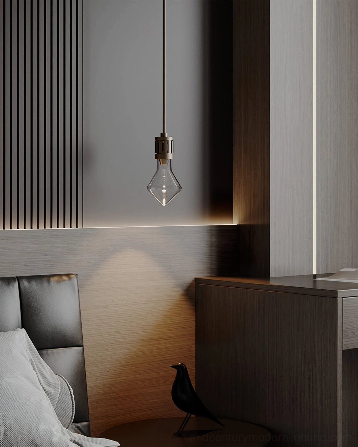 Diamond-shaped glass pendant light installed as accent lighting in modern bedroom with dark textured wall backdrop