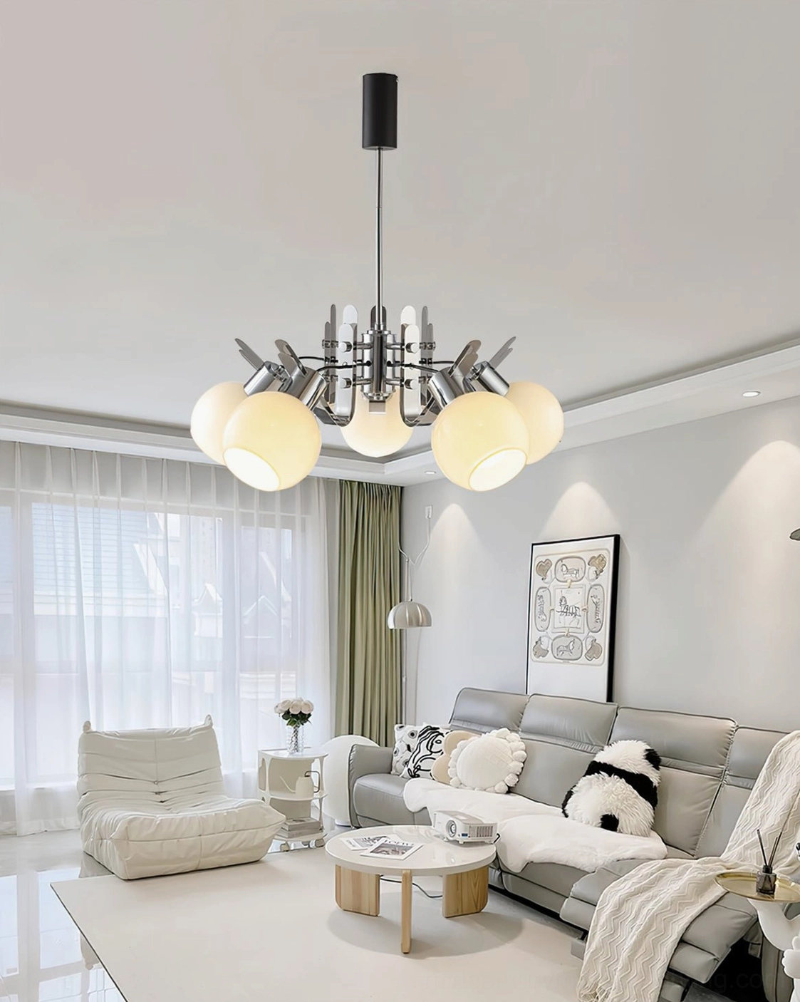 Geometric glass chandelier fixture showing complete assembly with all spherical shades and chrome connections