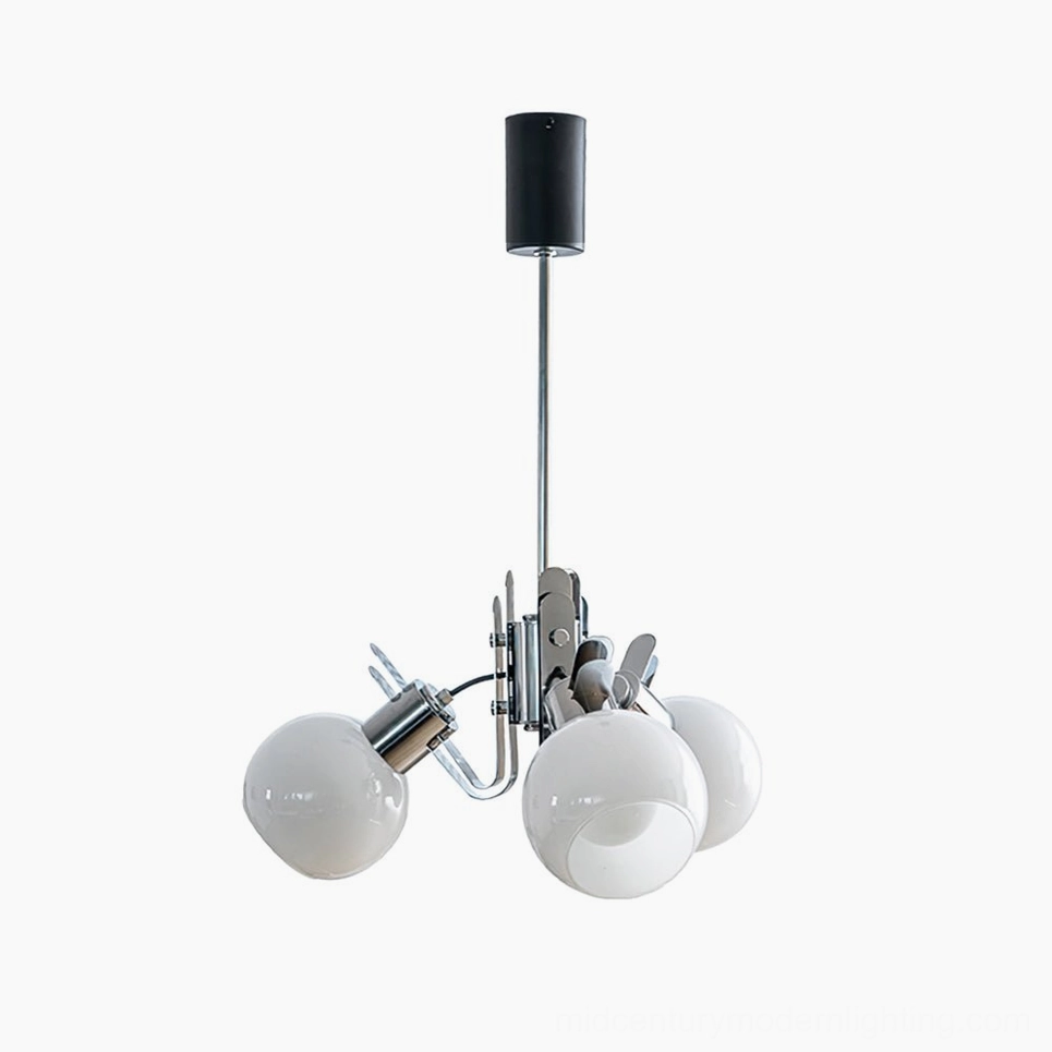 Complete geometric glass chandelier product shot featuring three spherical opal shades with chrome mounting