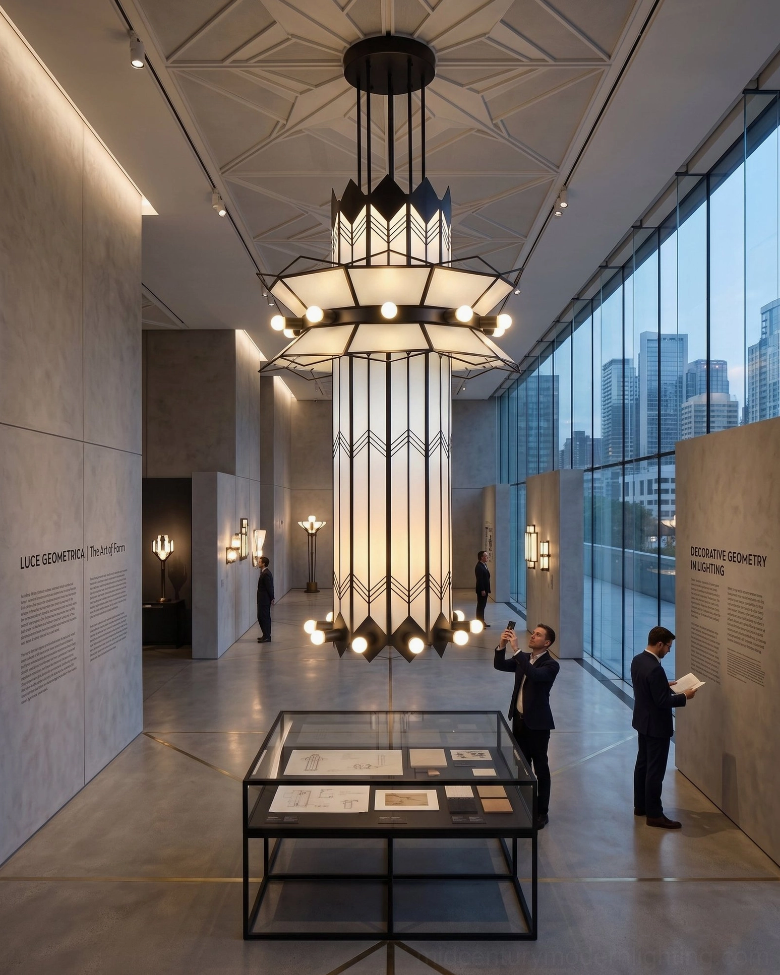 Art Deco chandelier in modern art exhibition gallery with floor-to-ceiling windows and display cases