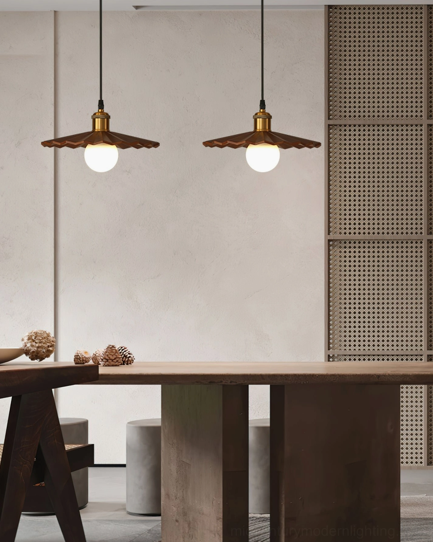Geometric zigzag wood pendant light with natural finish showing construction details and brass hardware