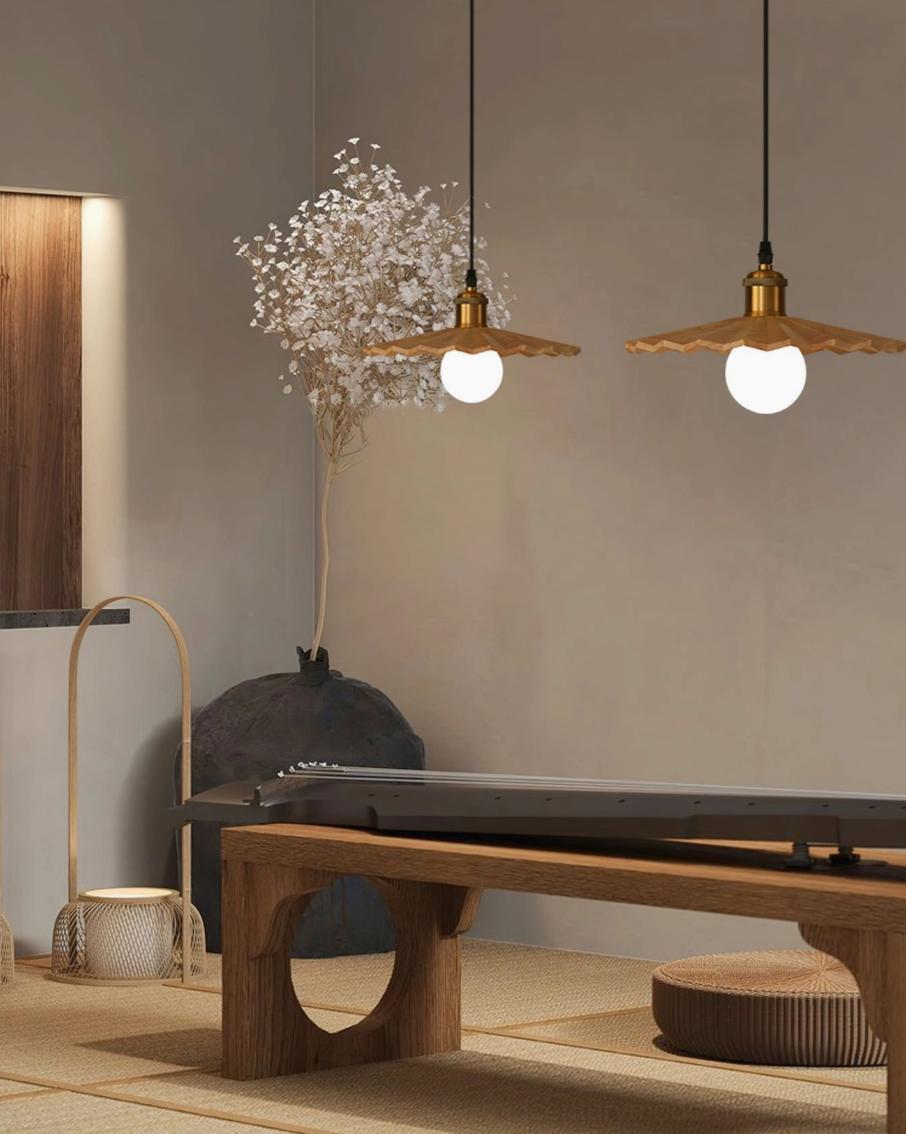 Natural wood geometric pendant light fixture detail showing precision-cut zigzag pattern and warm brass lamp holder
