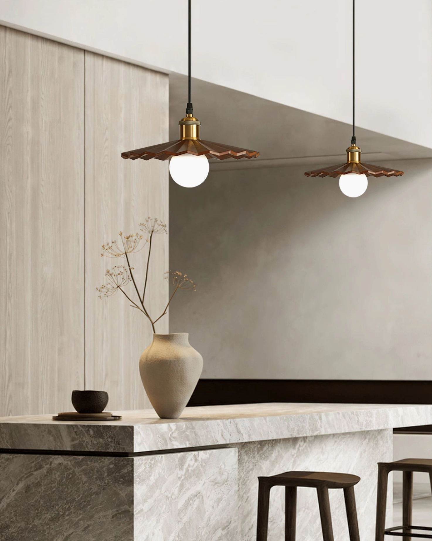 Pair of geometric wood pendant lights in modern kitchen dining area with ceramic vase and marble countertop - kitchen island lighting