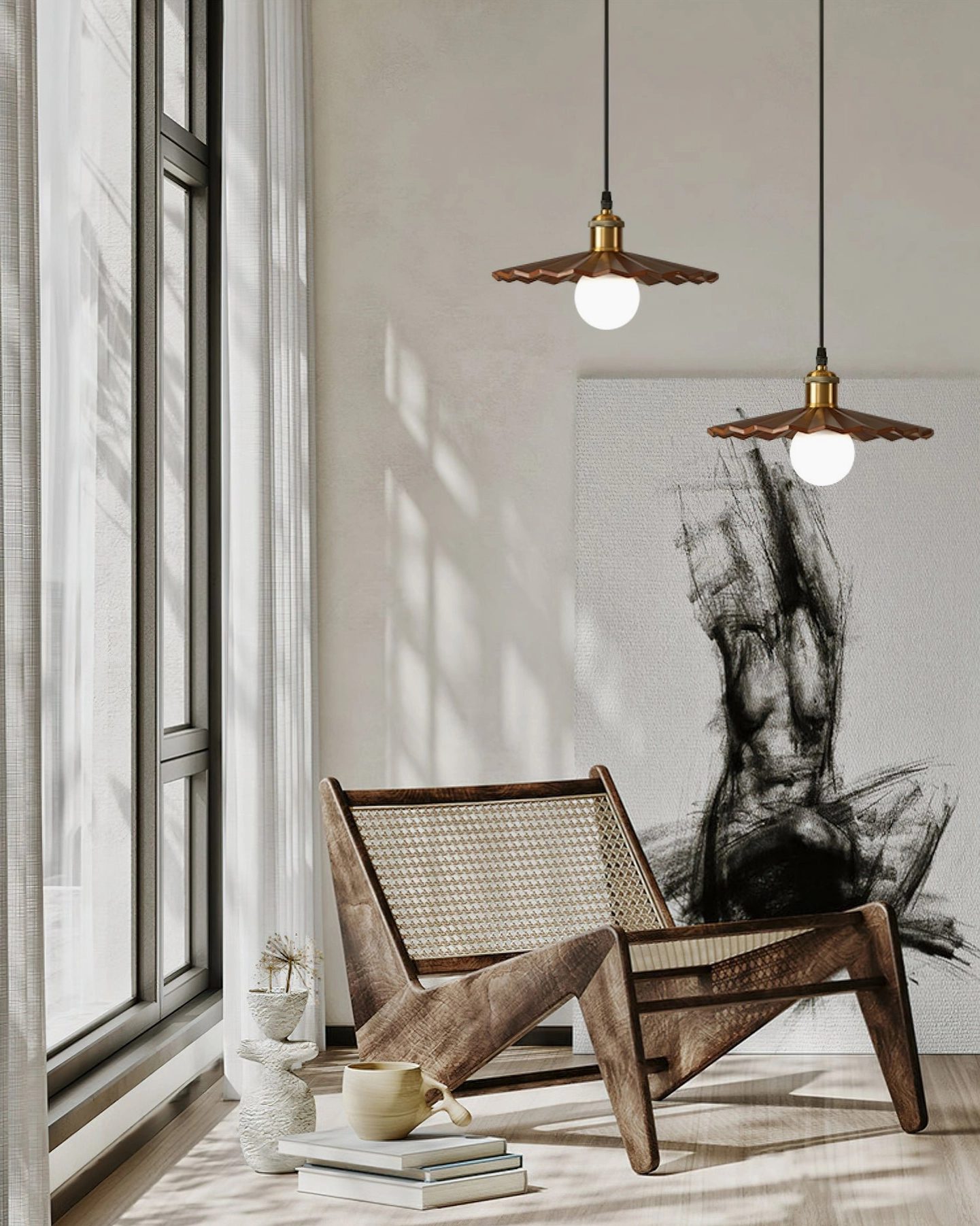 Dual geometric walnut pendant lights in sunlit lounge with floor-to-ceiling windows, rattan chair, and abstract wall art