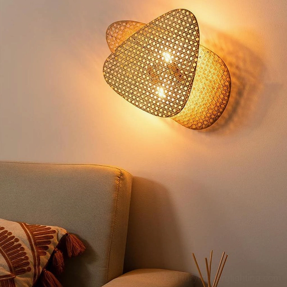 Geometric woven rattan wall lamp multi-angle installation view design flexibility styling options