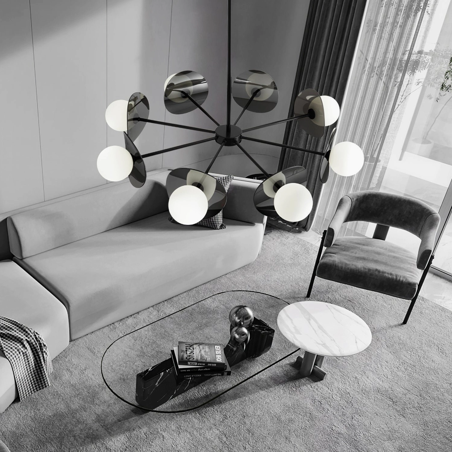 Modern geometric sputnik chandelier showing radial symmetry and clean lines characteristic of contemporary minimalist design