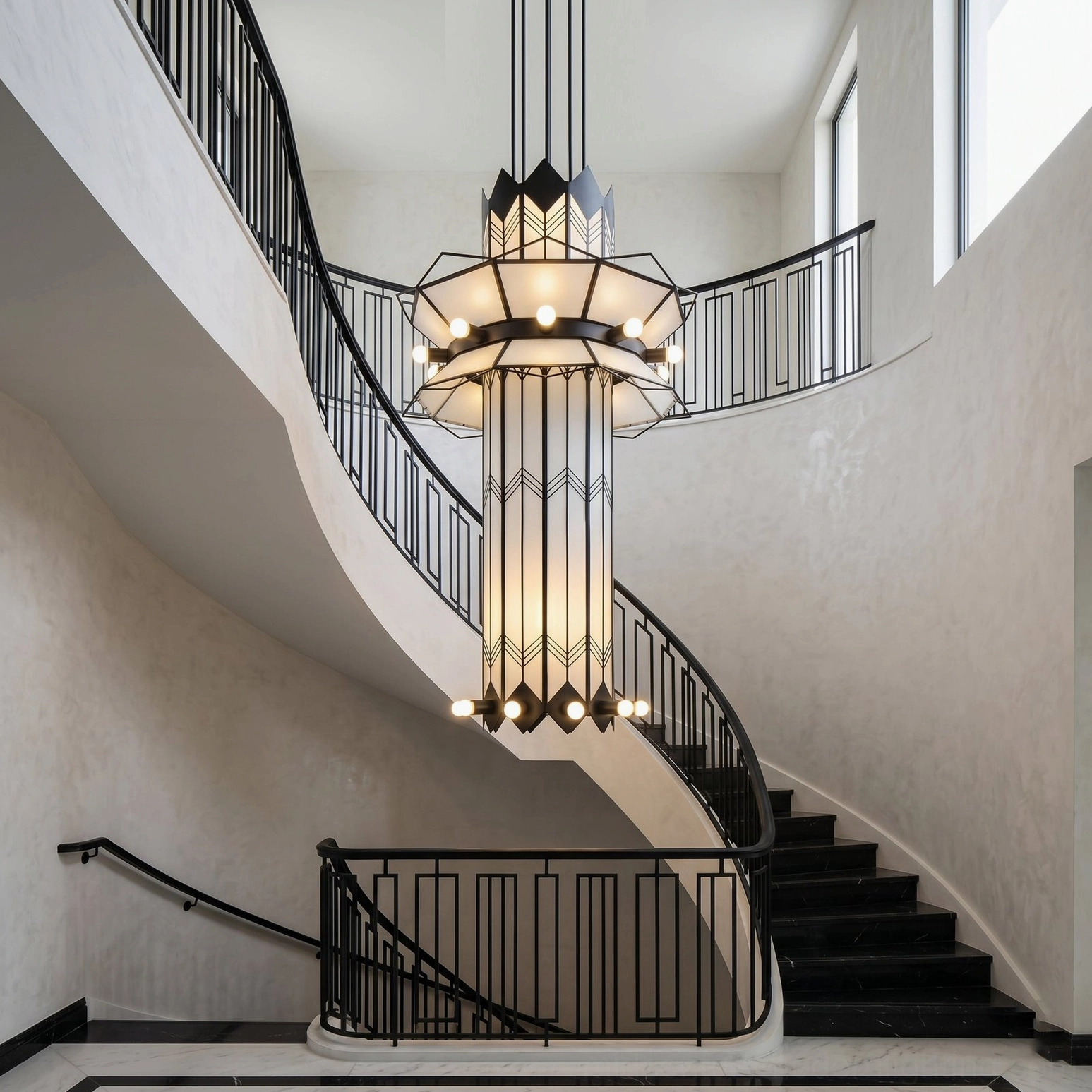 Manhattan Ziggurat tiered pendant light above spiral staircase with black metal railings and neutral interior