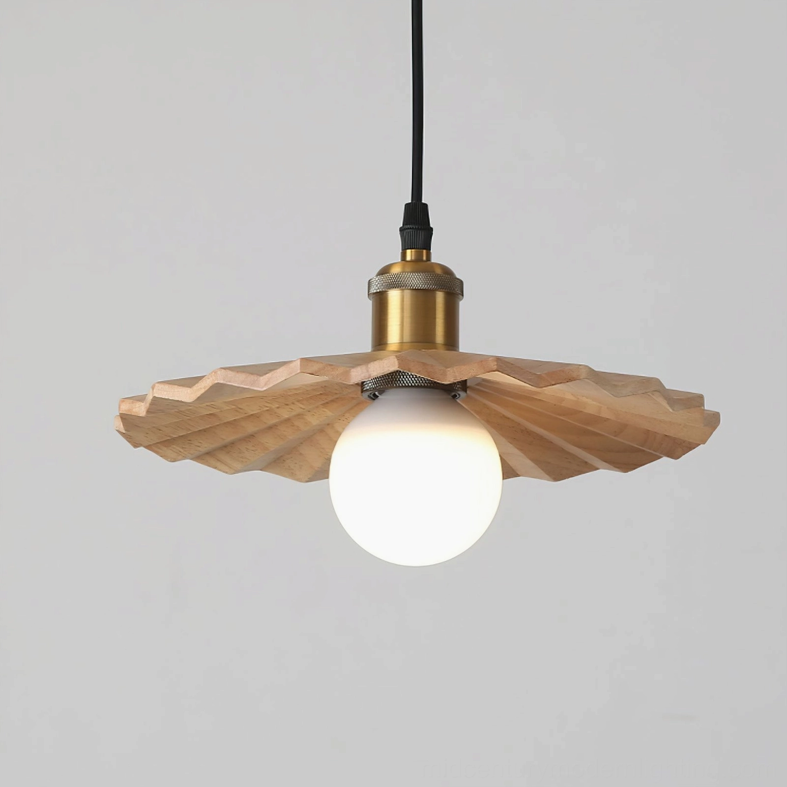 Geometric walnut pendant light fixture displayed as single unit showing complete design and proportions