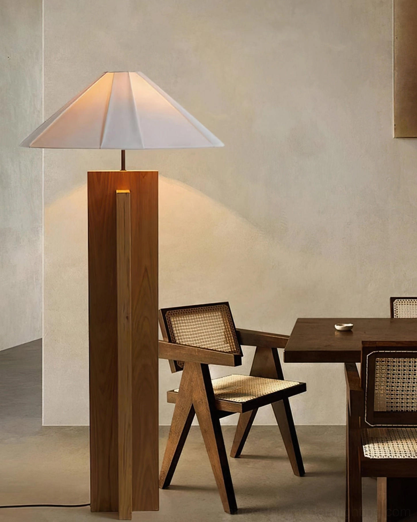 Wood geometric floor lamp detail shot emphasizing staggered base blocks and minimalist scandinavian aesthetic
