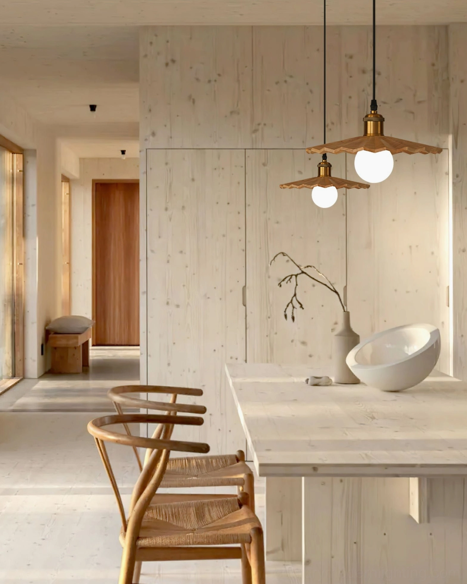 Two walnut geometric pendant lights above marble dining table with woven wooden chairs in light wood interior - mid-century dining