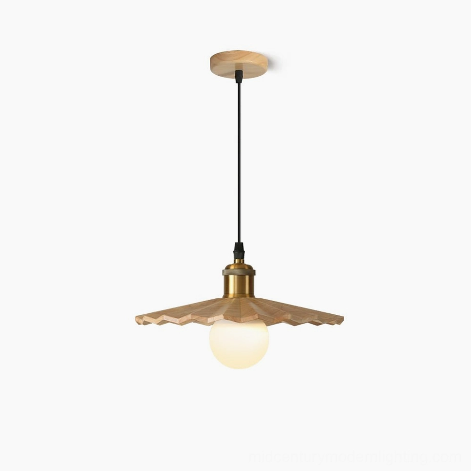 Geometric zigzag walnut wood pendant light with brass lamp holder, front view on white background showcasing mid-century modern design