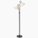 Gerardo dual-head arc floor lamp front view studio shot minimalist modern design with black metal frame and cream conical shades