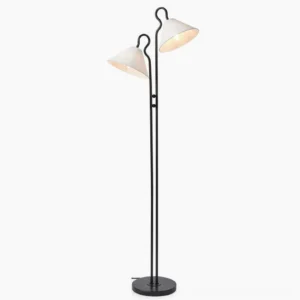 Gerardo dual-head arc floor lamp front view studio shot minimalist modern design with black metal frame and cream conical shades