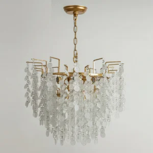 Gevan chandelier overhead close-up detail of layered crystal and brass elements