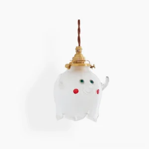 Ghost pendant lamp frosted glass with brass fixtures on white background showing full frontal view