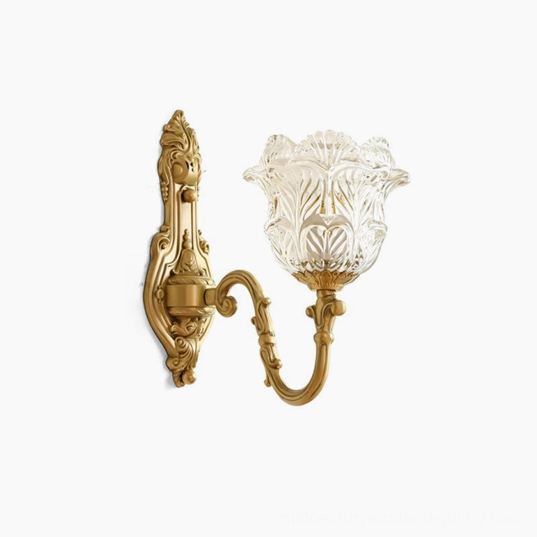 Gideon Baroque brass wall sconce full view against white background, showing classic Baroque style with ornate brass scroll arm and floral tulip glass shade