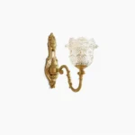 Gideon Baroque brass wall sconce with S-scroll arm and tulip glass shade, side frontal view showing ornate carved scrollwork and warm brushed gold finish